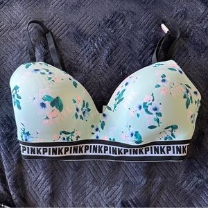 NWT PINK Light Green with floral pattern with black straps 34D